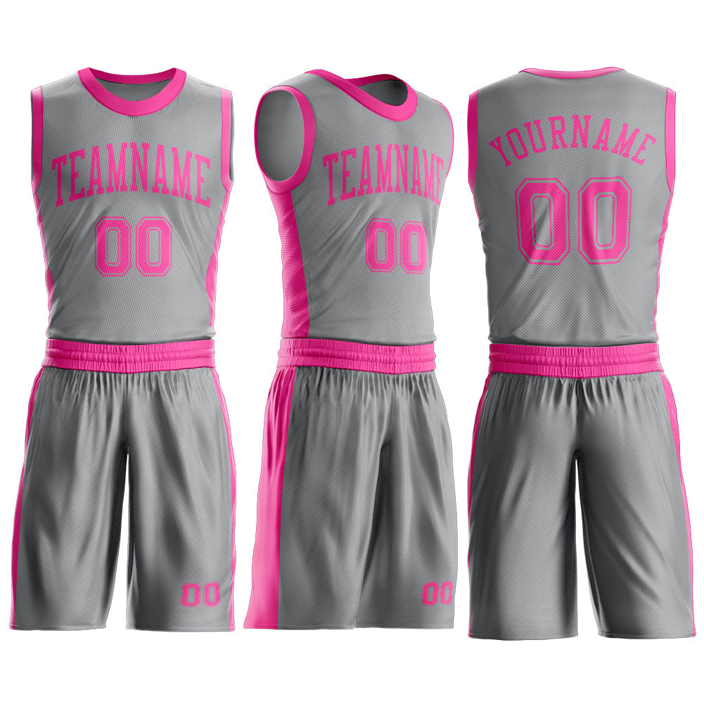Custom Gray Pink Round Neck Basketball Uniform Jersey view 3