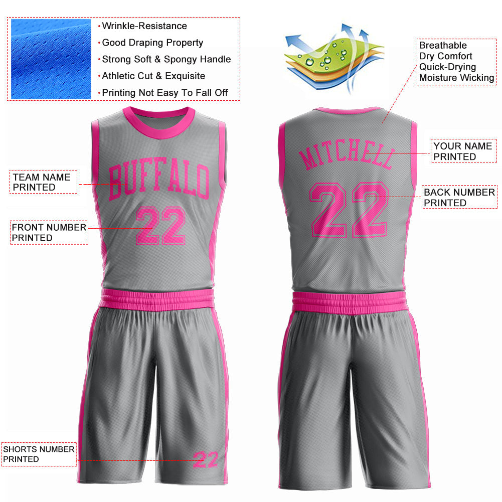 Custom Gray Pink Round Neck Basketball Uniform Jersey view 4
