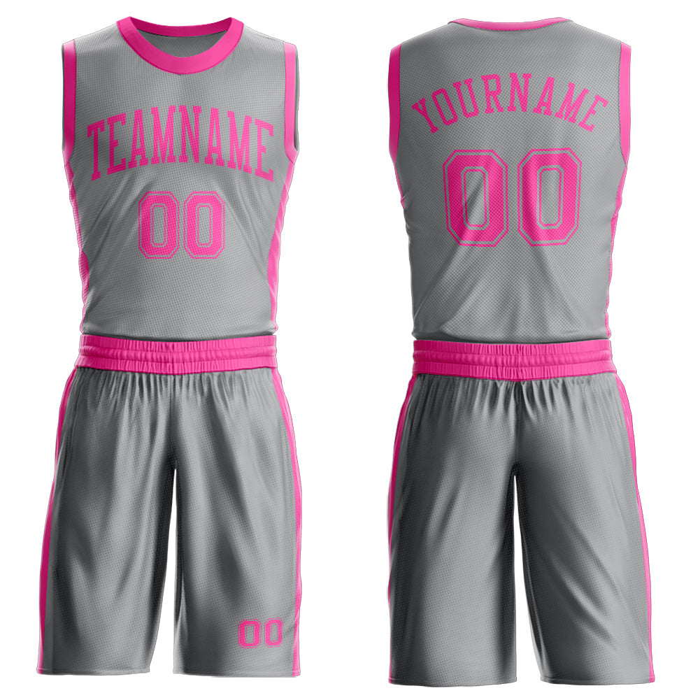 Custom Gray Pink Round Neck Basketball Uniform Jersey - Main View