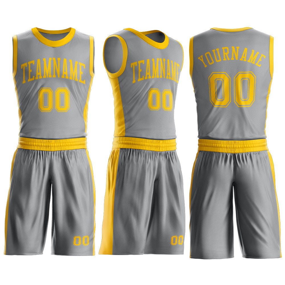 Custom Gray Gold Round Neck Basketball Uniform Jersey view 3