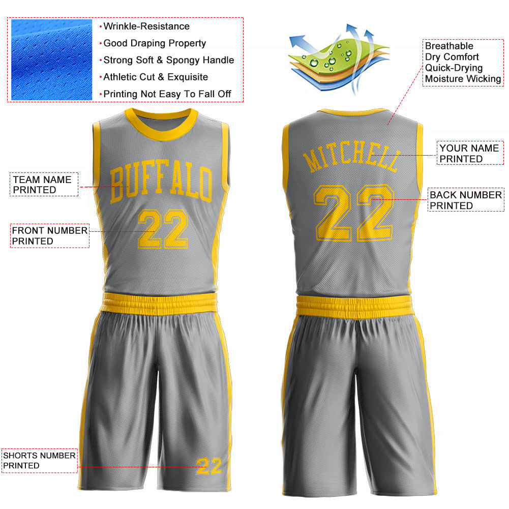 Custom Gray Gold Round Neck Basketball Uniform Jersey view 4