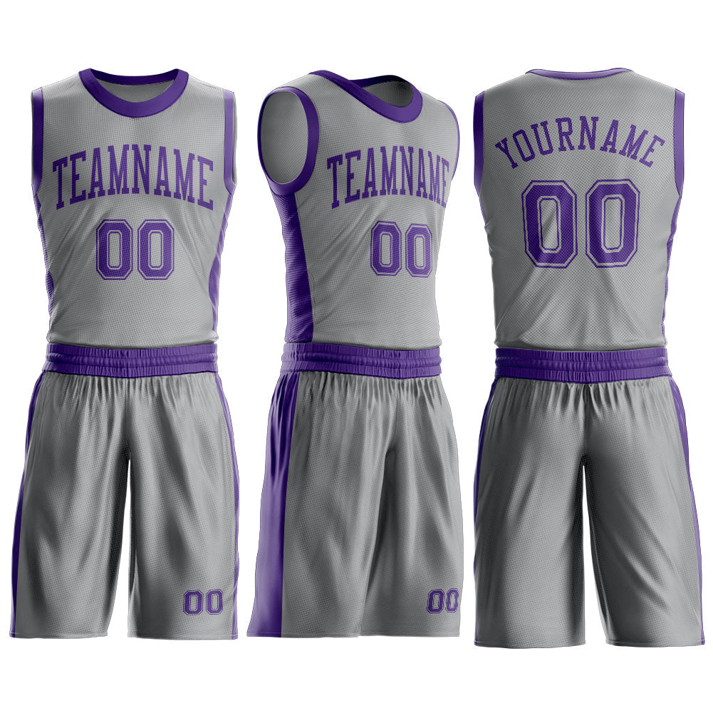 Custom Gray Purple Round Neck Basketball Uniform Jersey view 3