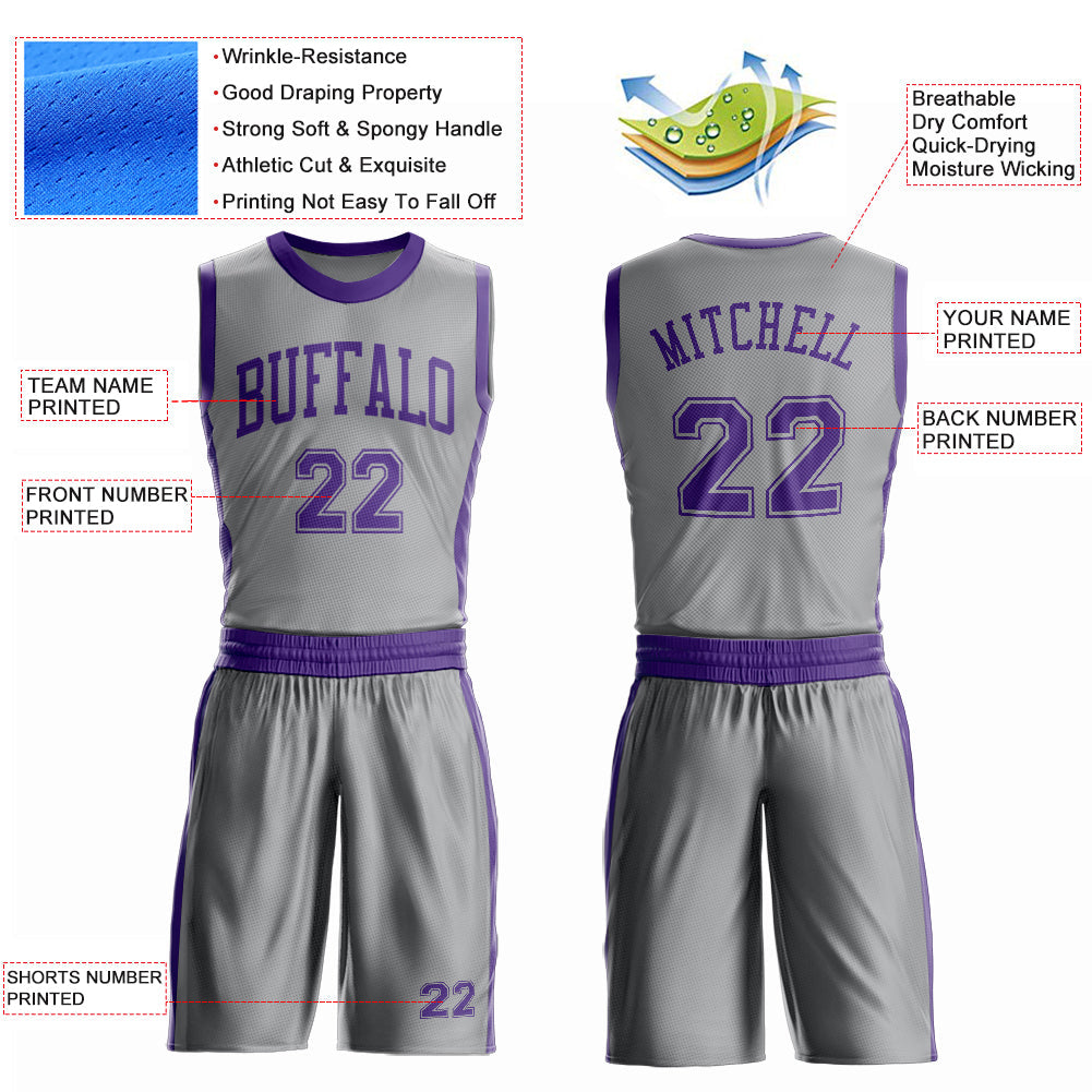 Custom Gray Purple Round Neck Basketball Uniform Jersey view 4
