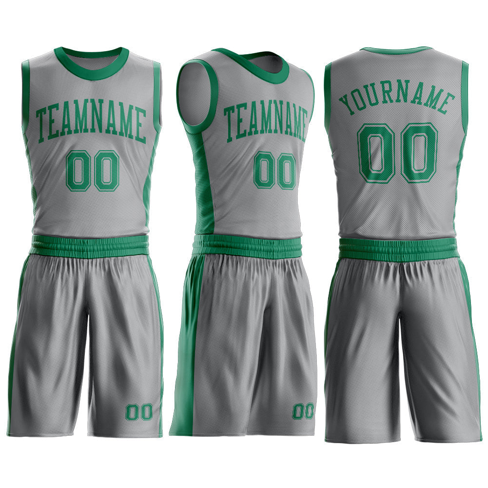 Custom Gray Kelly Green Round Neck Basketball Uniform Jersey view 3