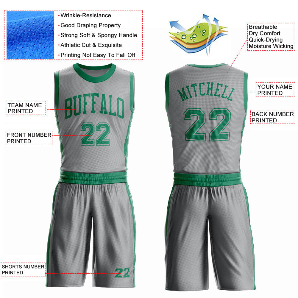 Custom Gray Kelly Green Round Neck Basketball Uniform Jersey view 4
