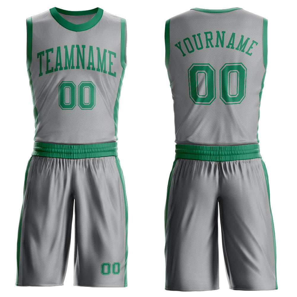 Custom Gray Kelly Green Round Neck Basketball Uniform Jersey - Main View