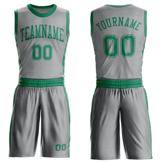 Custom Gray Kelly Green Round Neck Basketball Uniform Jersey - Main View