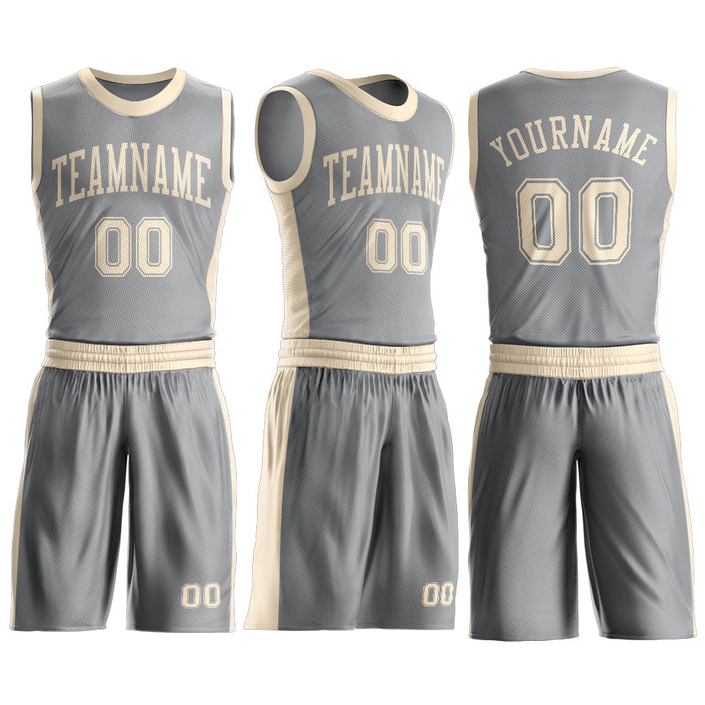 Custom Gray Cream Round Neck Basketball Uniform Jersey view 3