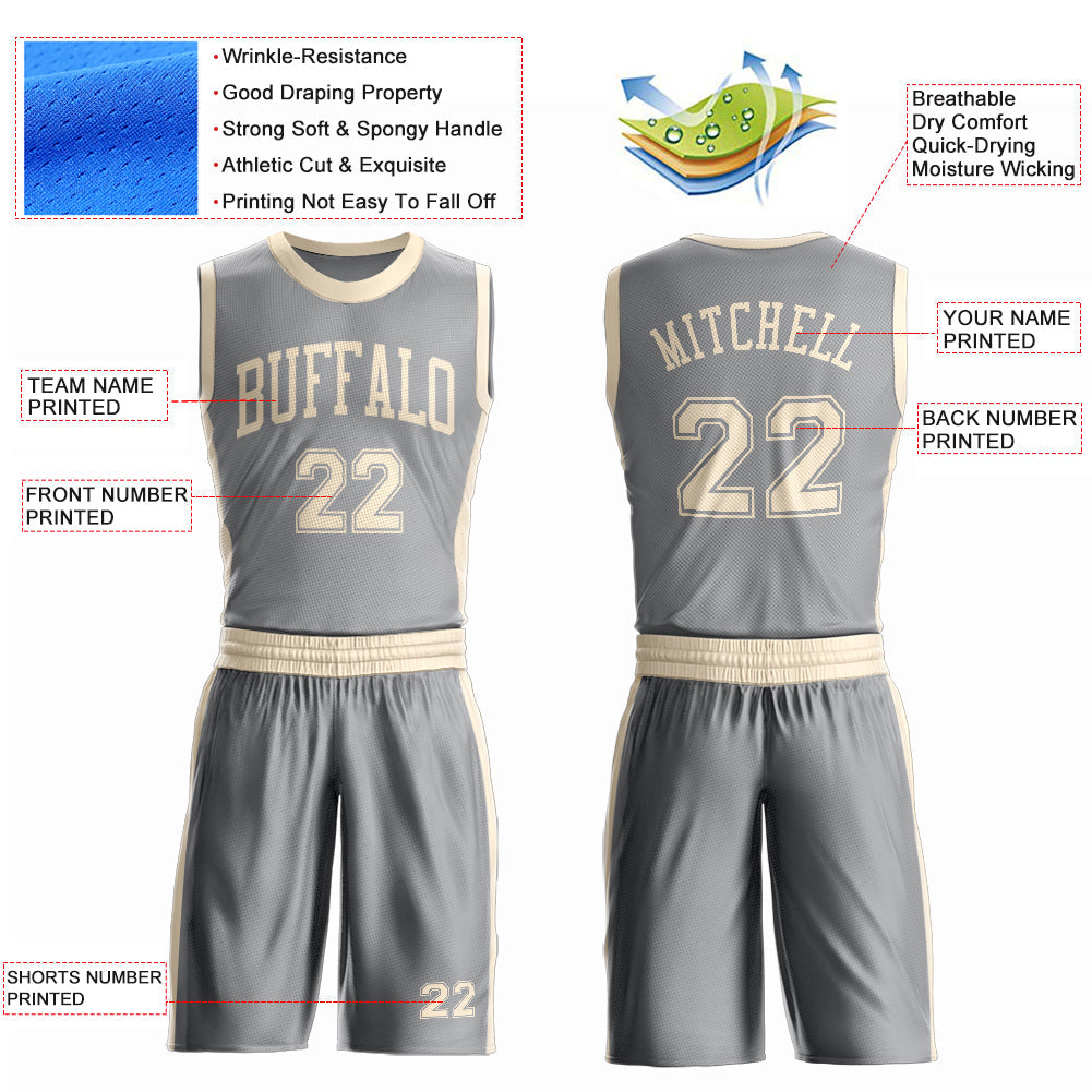 Custom Gray Cream Round Neck Basketball Uniform Jersey view 4