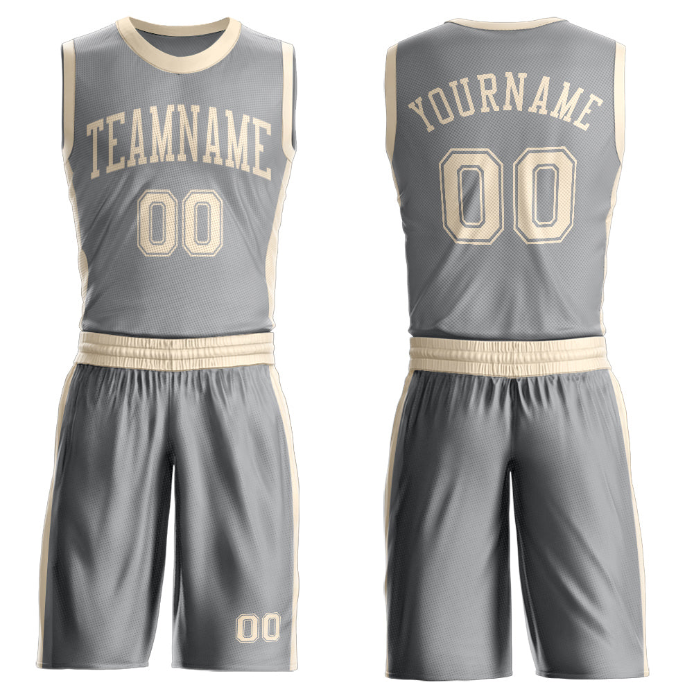 Custom Gray Cream Round Neck Basketball Uniform Jersey - Main View