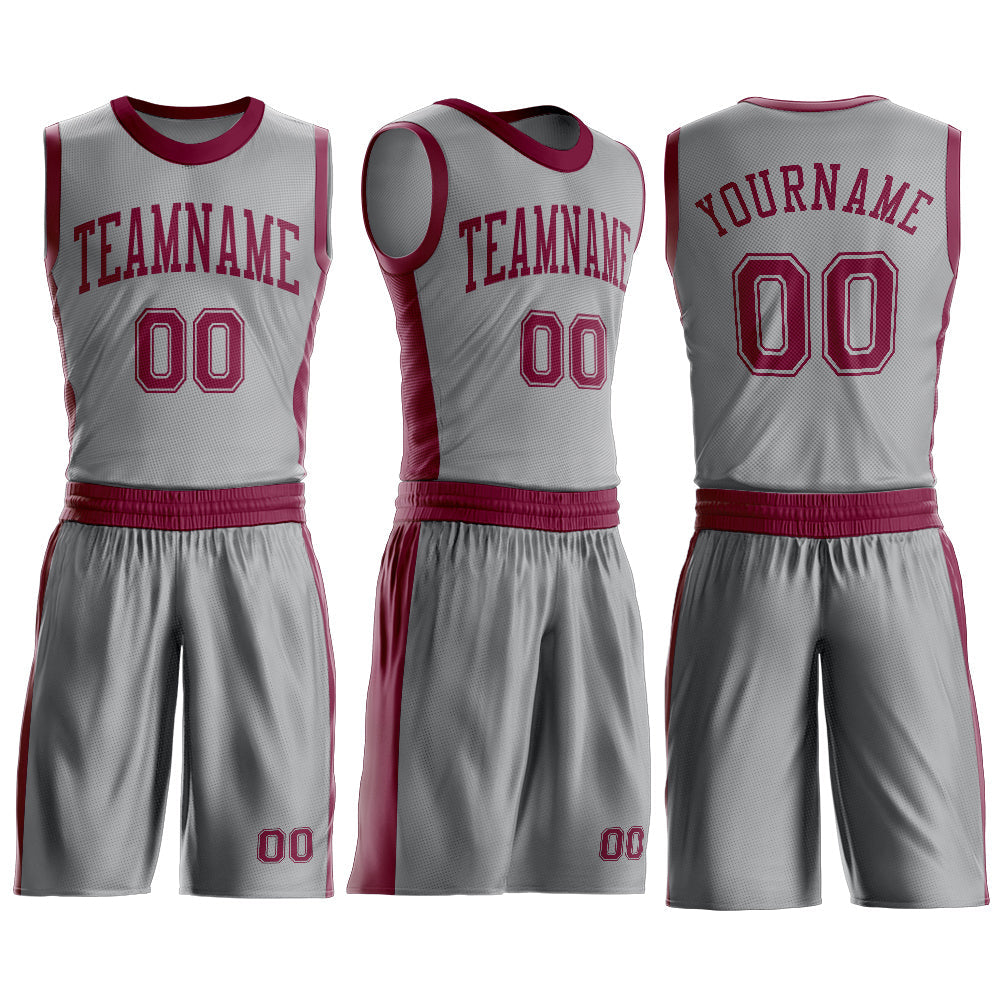 Custom Gray Maroon Round Neck Basketball Uniform Jersey view 3