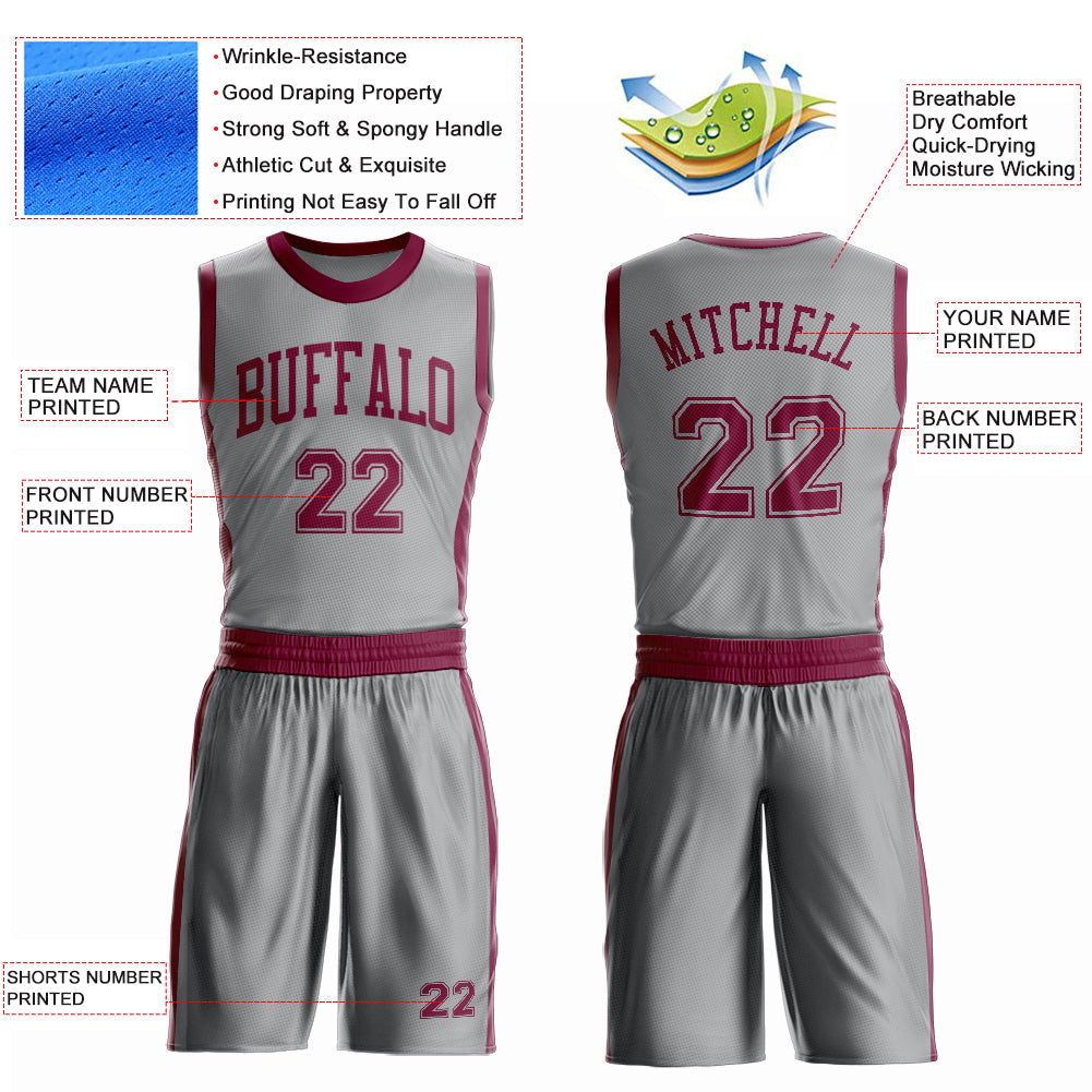 Custom Gray Maroon Round Neck Basketball Uniform Jersey view 4