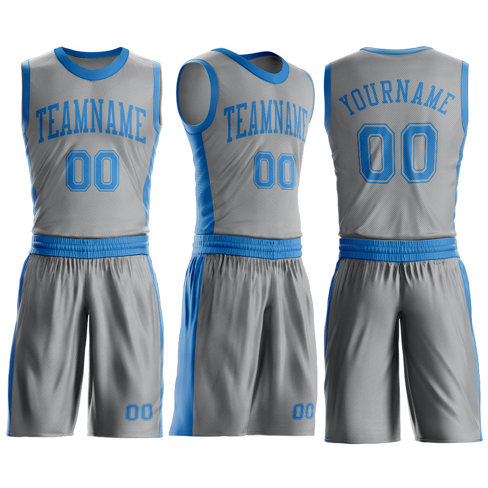 Custom Gray Blue Round Neck Basketball Uniform Jersey view 3