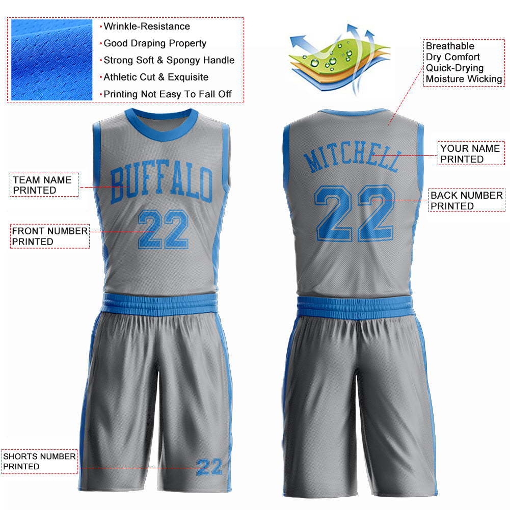 Custom Gray Blue Round Neck Basketball Uniform Jersey view 4