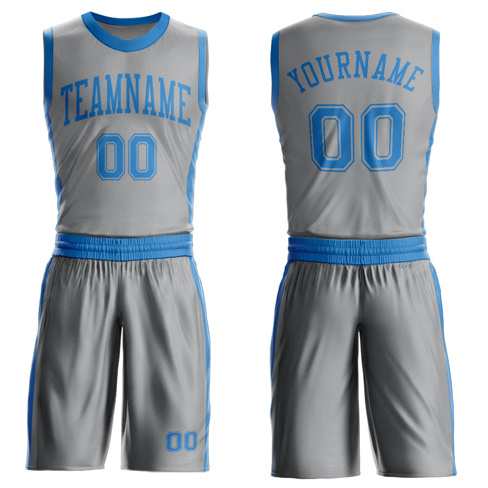 Custom Gray Blue Round Neck Basketball Uniform Jersey - Main View