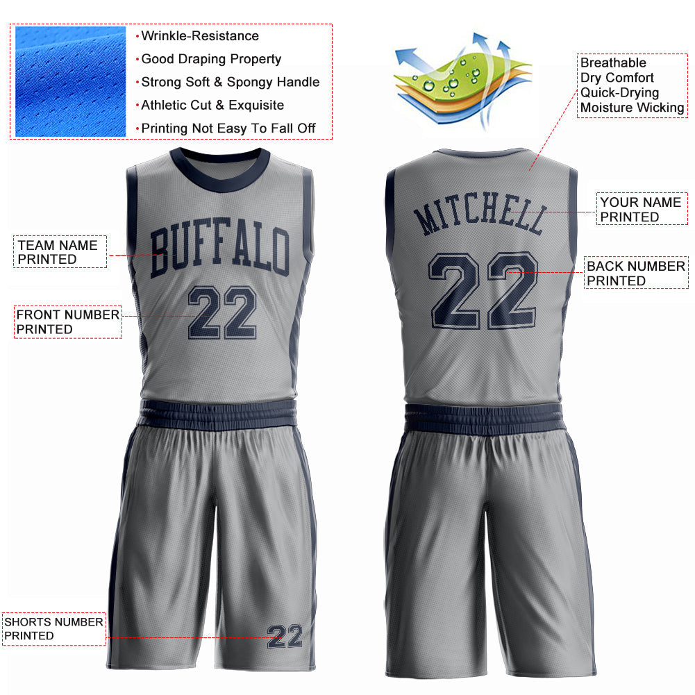 Custom Gray Navy Round Neck Basketball Uniform Jersey view 4