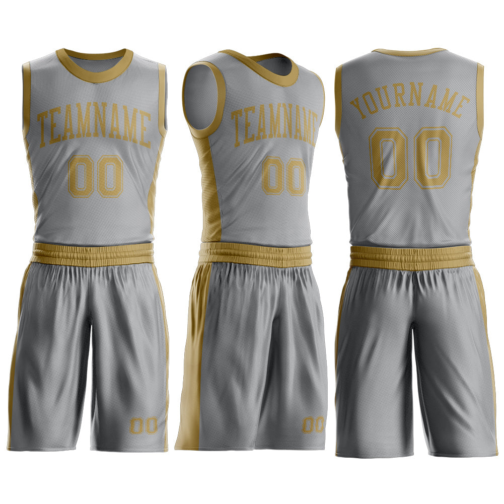 Custom Gray Old Gold Round Neck Basketball Uniform Jersey view 3
