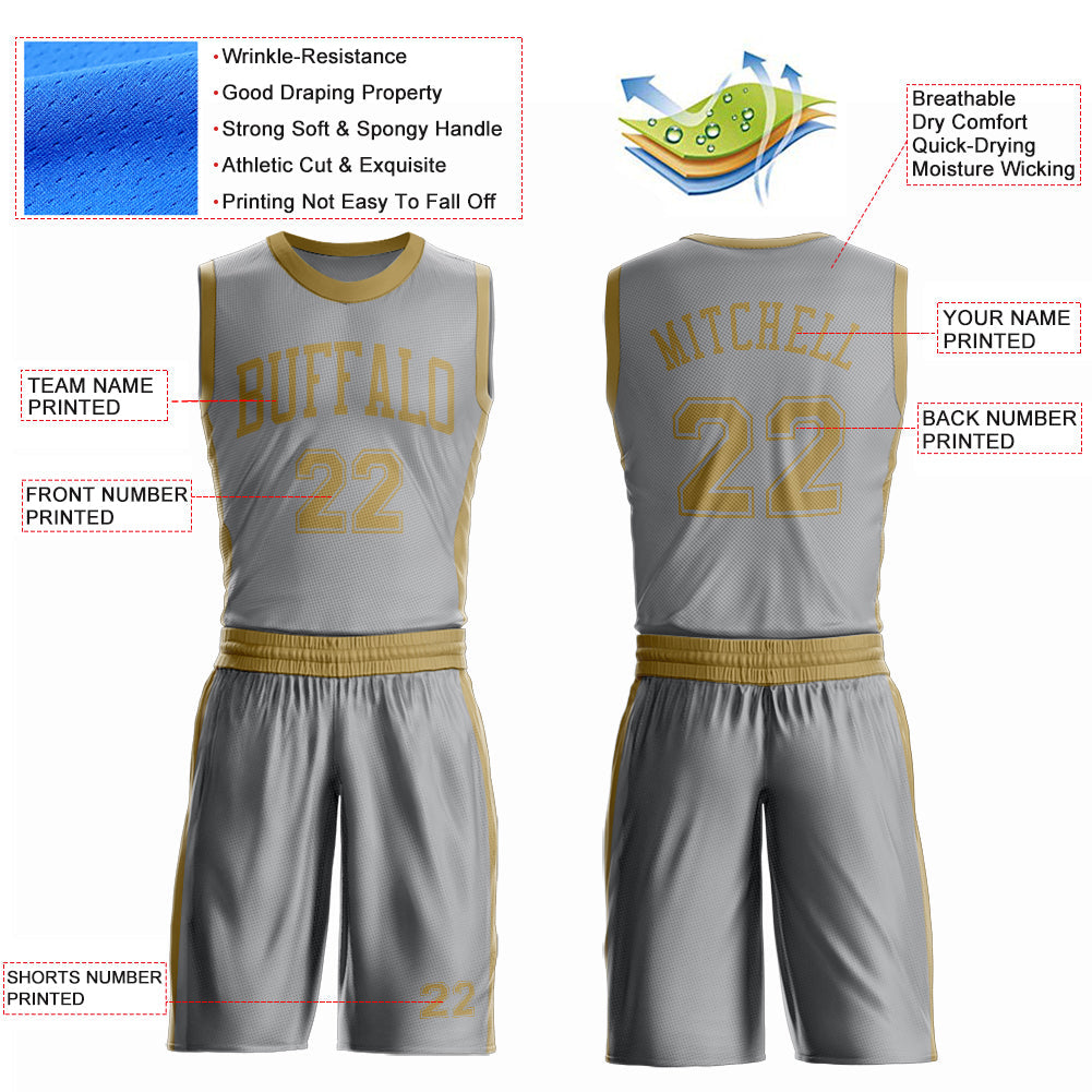 Custom Gray Old Gold Round Neck Basketball Uniform Jersey view 4