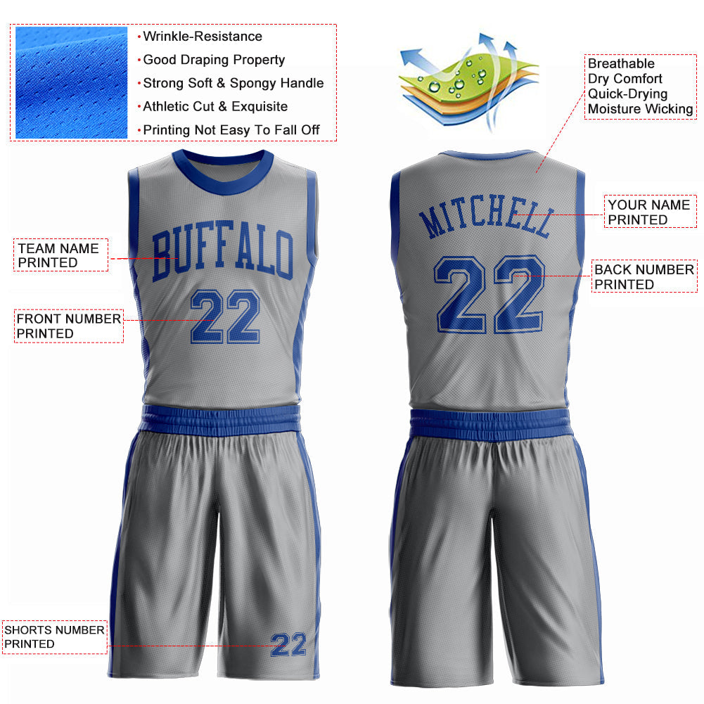 Custom Gray Royal Round Neck Basketball Uniform Jersey view 4