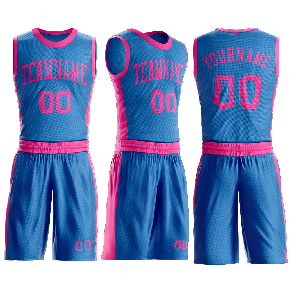 Custom Blue Pink Round Neck Basketball Uniform Jersey view 3