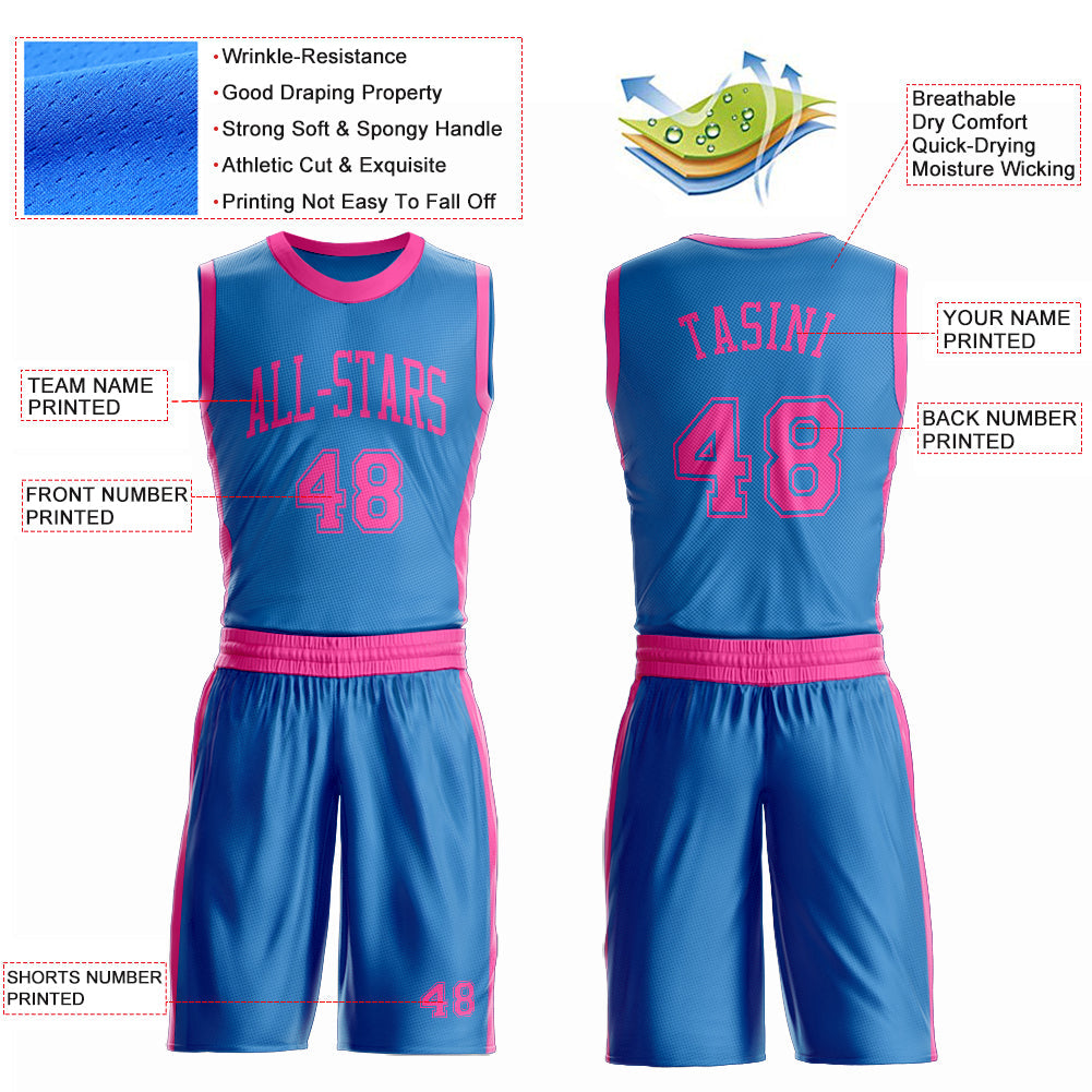 Custom Blue Pink Round Neck Basketball Uniform Jersey view 4