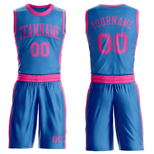 Custom Blue Pink Round Neck Basketball Uniform Jersey - Main View