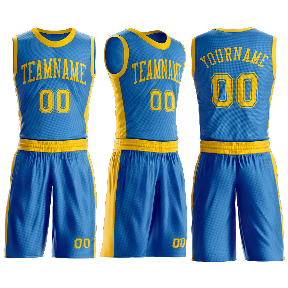 Custom Blue Gold Round Neck Basketball Uniform Jersey view 3