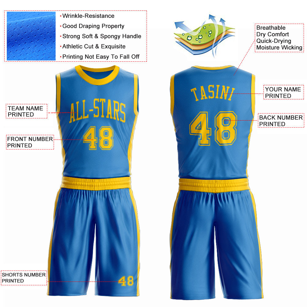 Custom Blue Gold Round Neck Basketball Uniform Jersey view 4