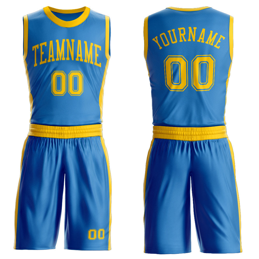 Custom Blue Gold Round Neck Basketball Uniform Jersey - Main View