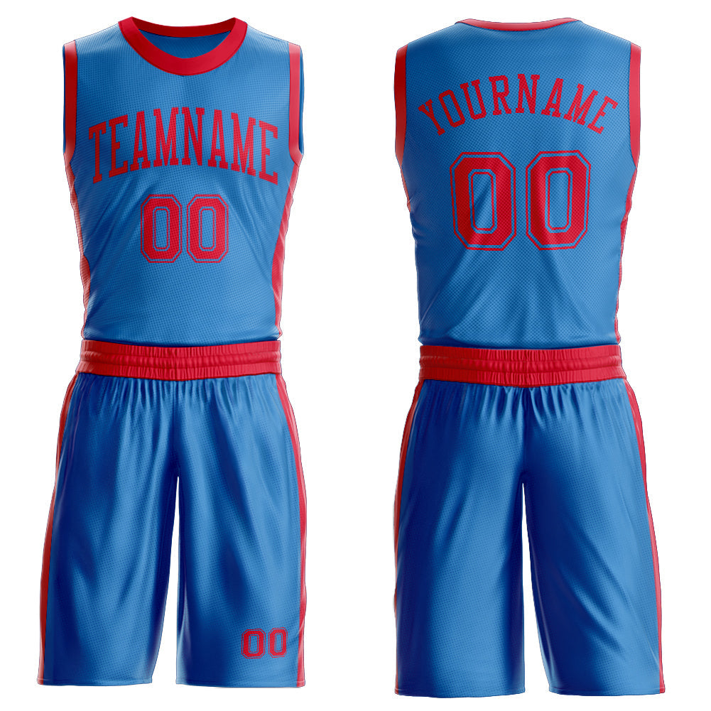 Custom Blue Red Round Neck Basketball Uniform Jersey - Main View