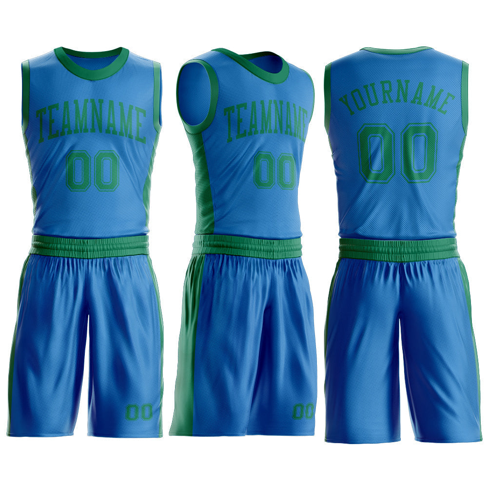 Custom Blue Kelly Green Round Neck Basketball Uniform Jersey view 3