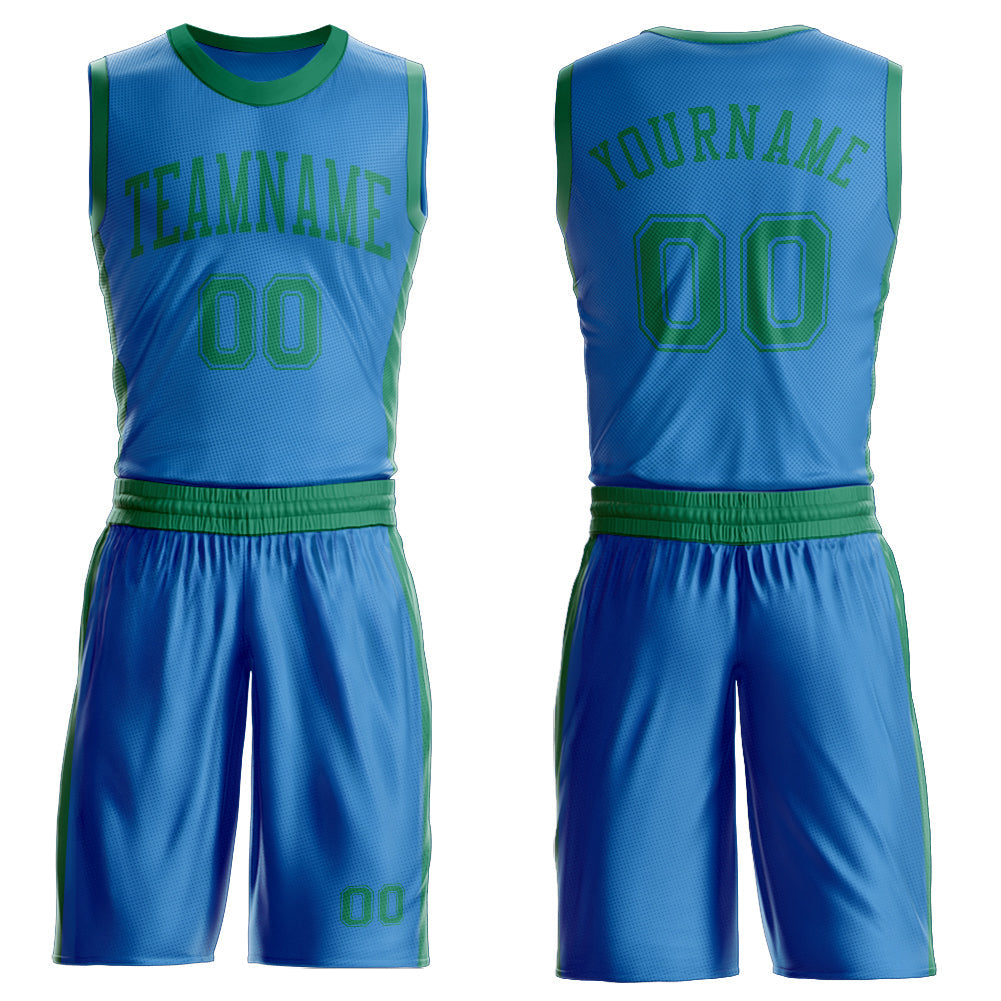 Custom Blue Kelly Green Round Neck Basketball Uniform Jersey - Main View