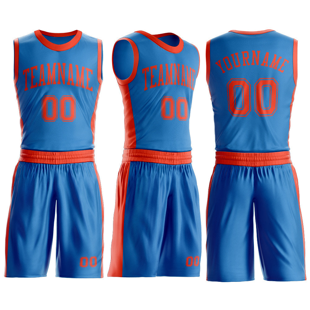 Custom Blue Orange Round Neck Basketball Uniform Jersey view 3