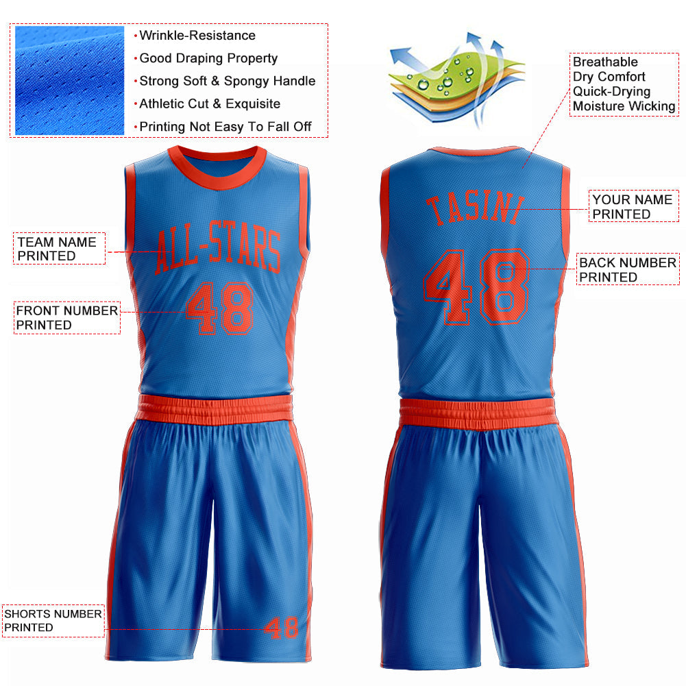 Custom Blue Orange Round Neck Basketball Uniform Jersey view 4