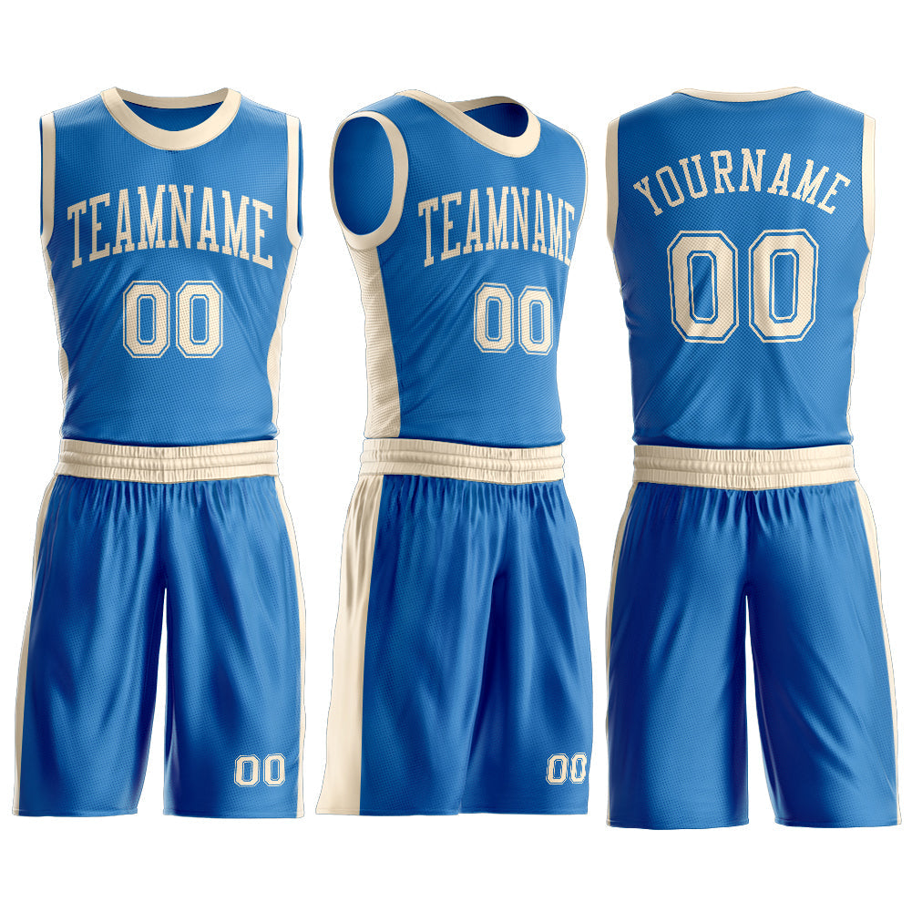 Custom Blue Cream Round Neck Basketball Uniform Jersey view 3