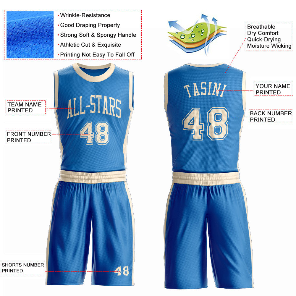 Custom Blue Cream Round Neck Basketball Uniform Jersey view 4