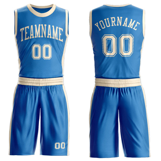 Custom Blue Cream Round Neck Basketball Uniform Jersey - Main View