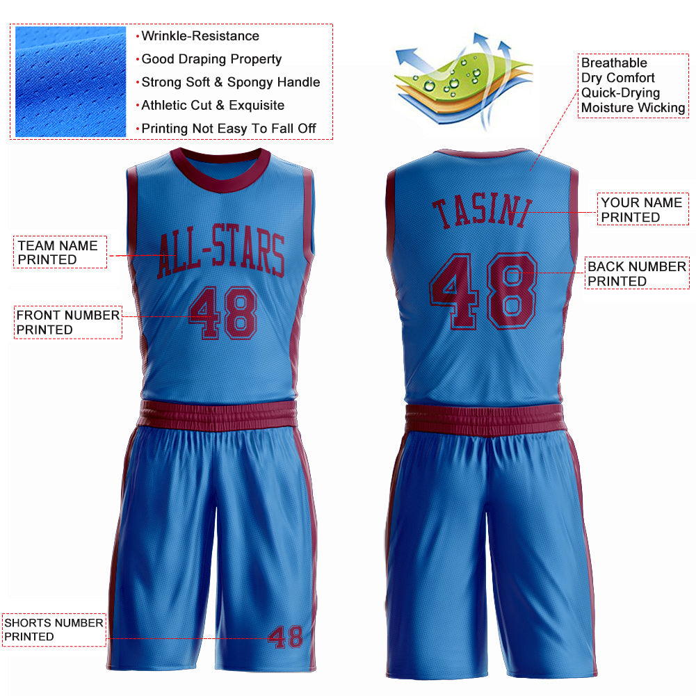 Custom Blue Maroon Round Neck Basketball Uniform Jersey view 4