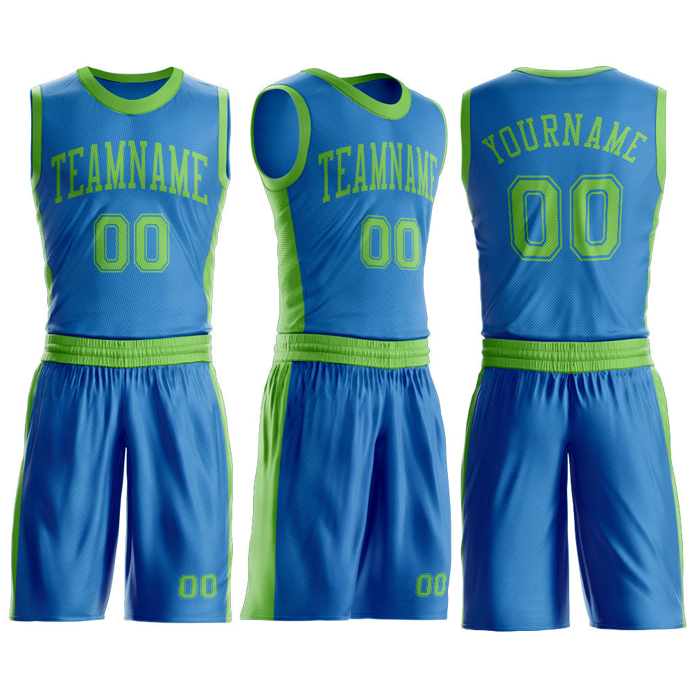 Custom Blue Neon Green Round Neck Basketball Uniform Jersey view 3