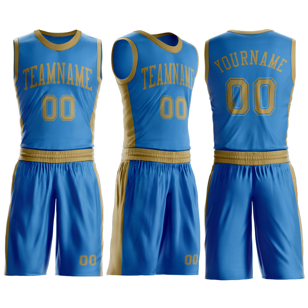 Custom Blue Old Gold Round Neck Basketball Uniform Jersey view 3