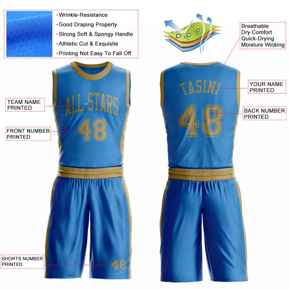 Custom Blue Old Gold Round Neck Basketball Uniform Jersey view 4