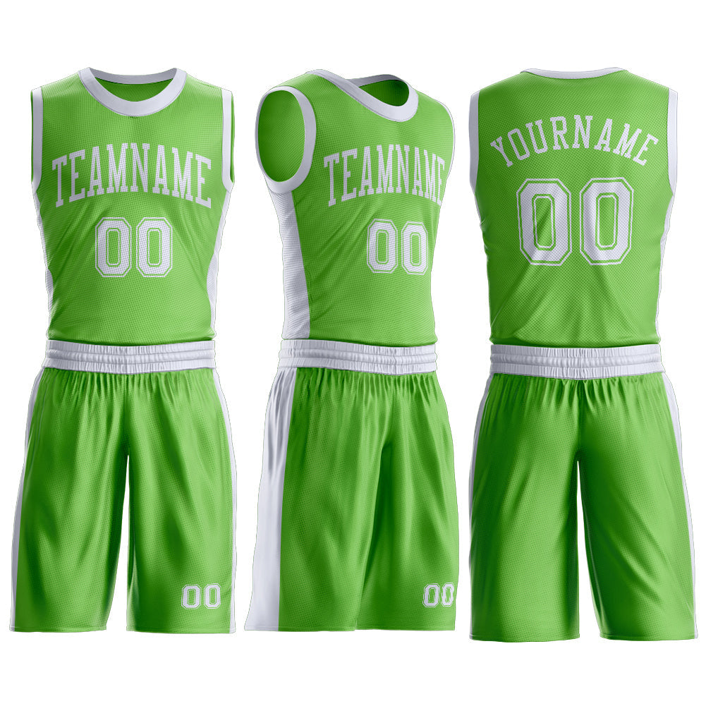 Custom Neon Green White Round Neck Basketball Uniform Jersey view 3