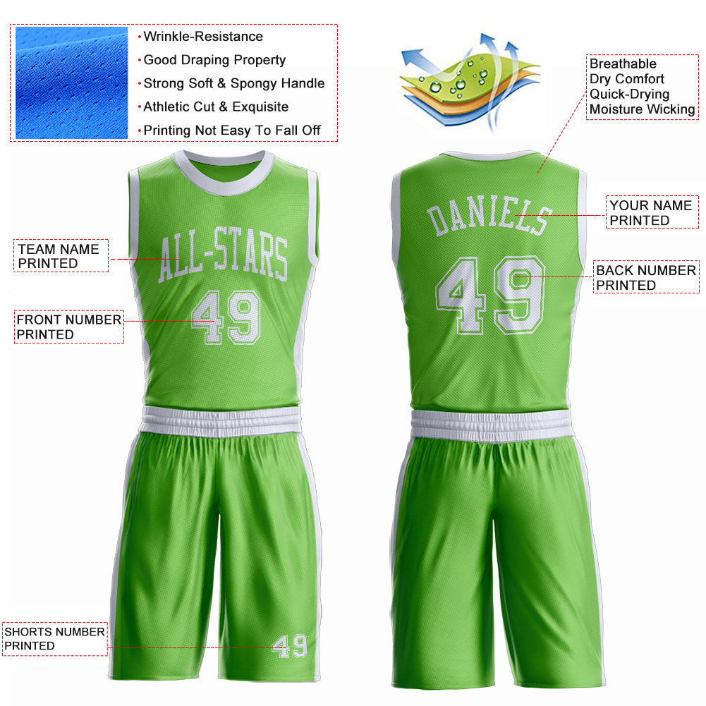 Custom Neon Green White Round Neck Basketball Uniform Jersey view 4