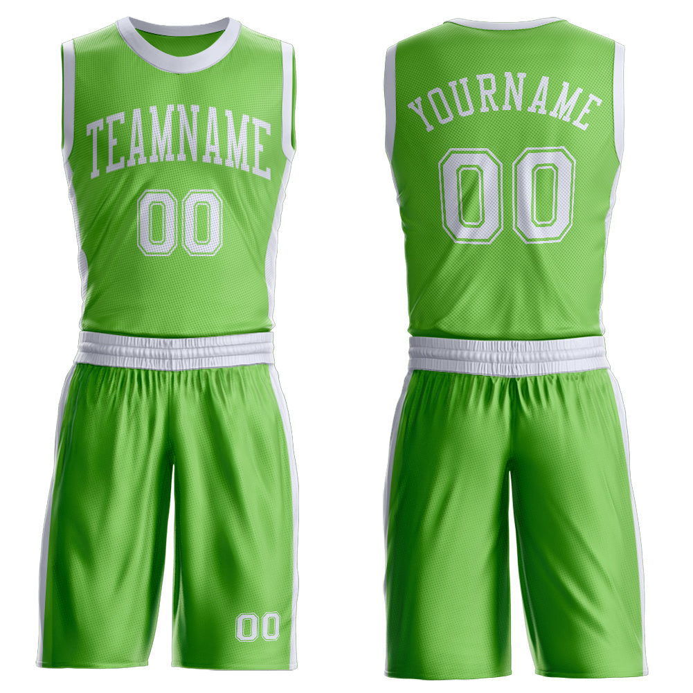 Custom Neon Green White Round Neck Basketball Uniform Jersey - Main View