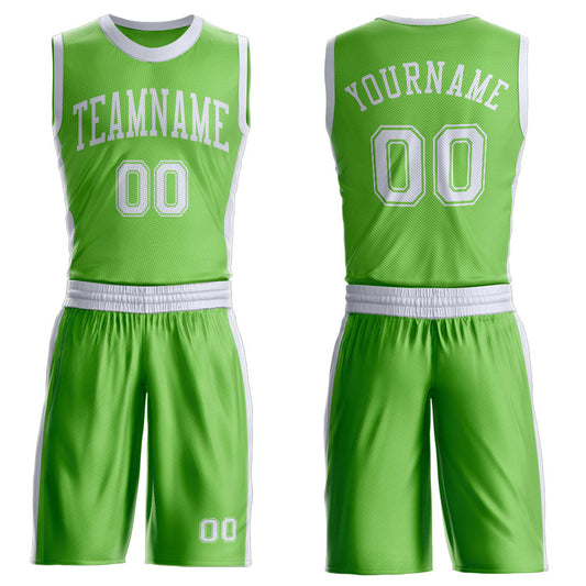 Custom Neon Green White Round Neck Basketball Uniform Jersey - Main View