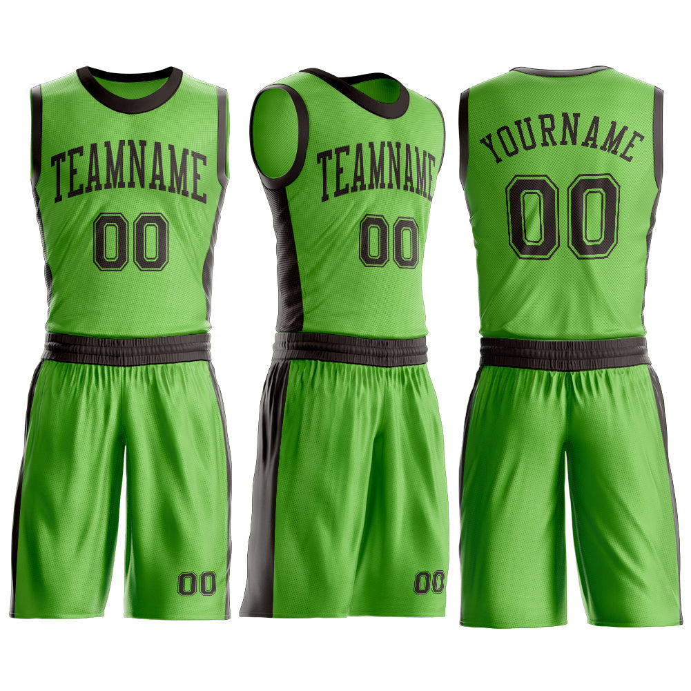 Custom Neon Green Brown Round Neck Basketball Uniform Jersey view 3