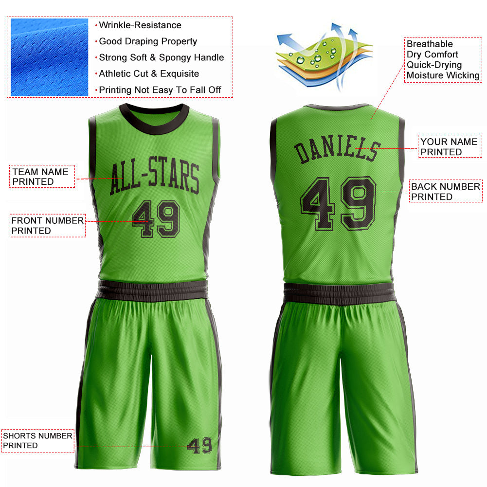 Custom Neon Green Brown Round Neck Basketball Uniform Jersey view 4