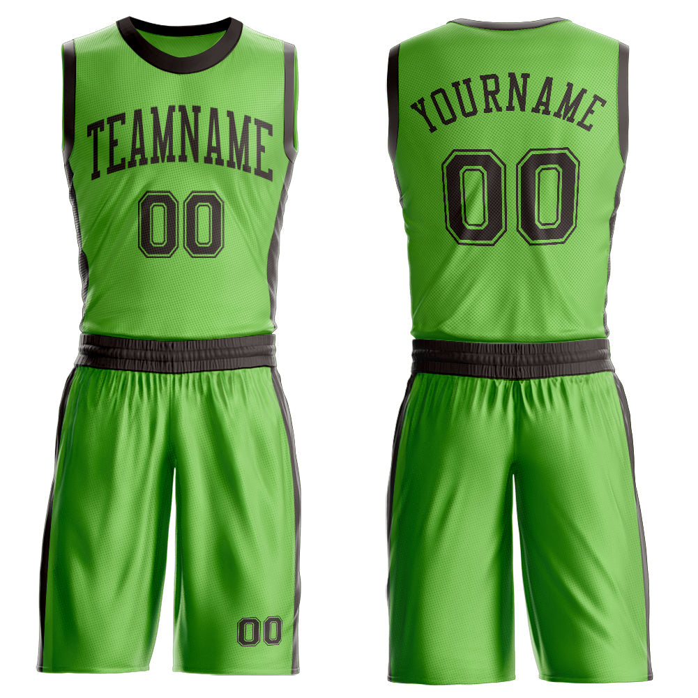 Custom Neon Green Brown Round Neck Basketball Uniform Jersey - Main View