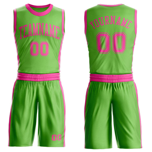Custom Neon Green Pink Round Neck Basketball Uniform Jersey - Main View
