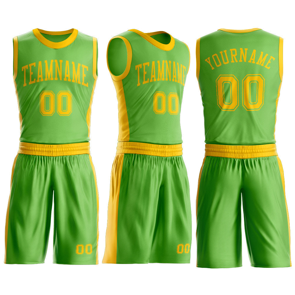 Custom Neon Green Gold Round Neck Basketball Uniform Jersey view 3